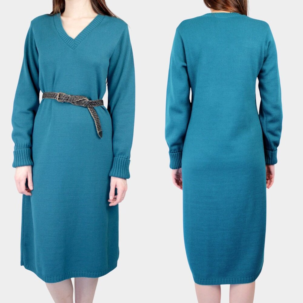 1970s Teal Knit Mod Midi Sweater Dress